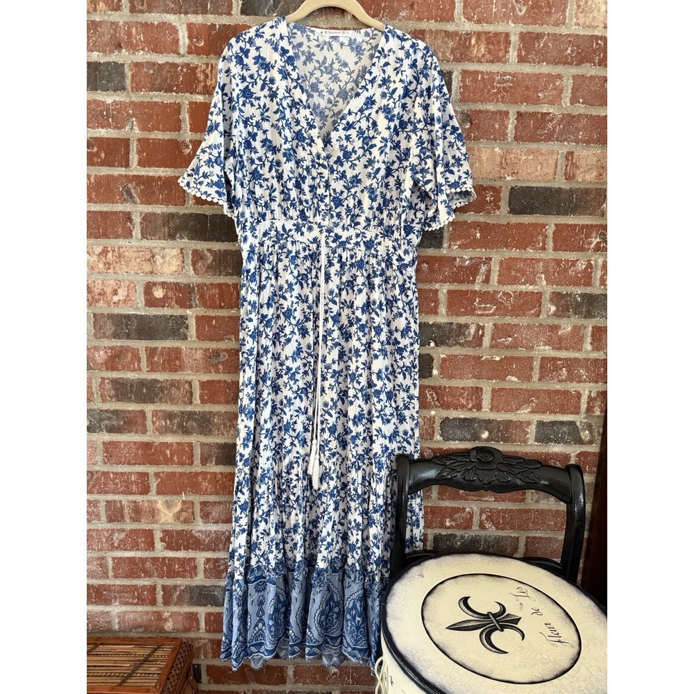 R.Vivimos Short Sleeve V Neck Floral Print Boho Dress - Blue - Size L
